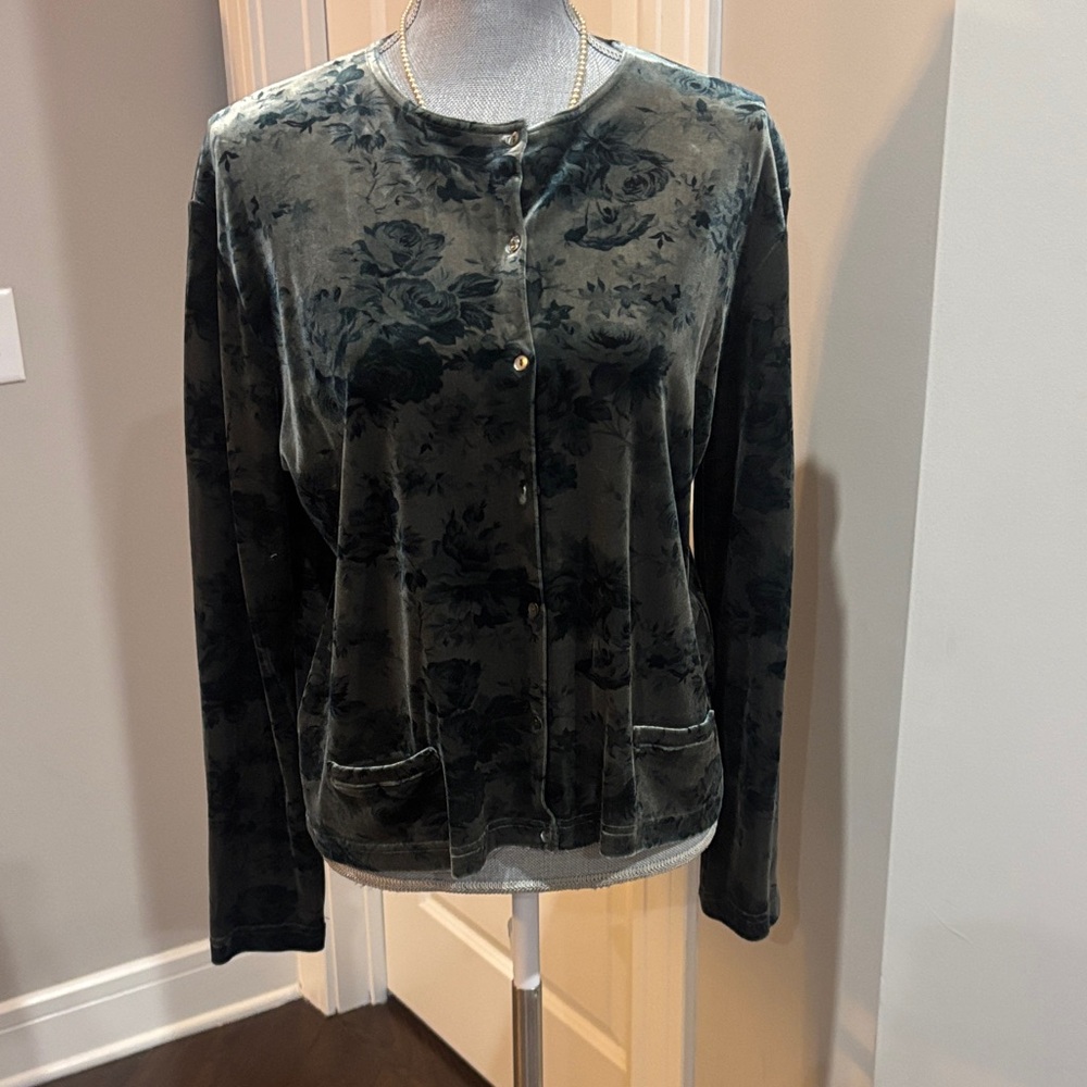 Vintage Jones New York green floral velvet long-sleeve Button cardigan